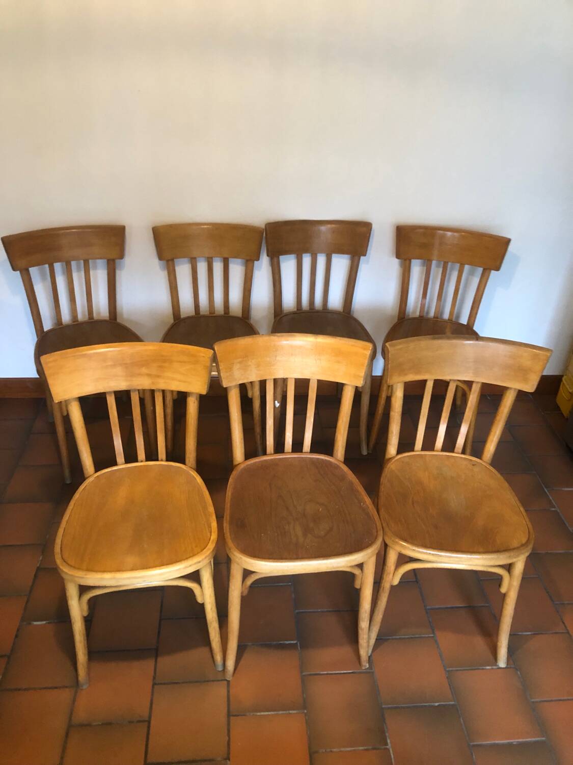 Suite de 7 chaises bistrot, editeur baumann - années 60