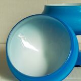 Covered pot on foot in vintage blue opaline