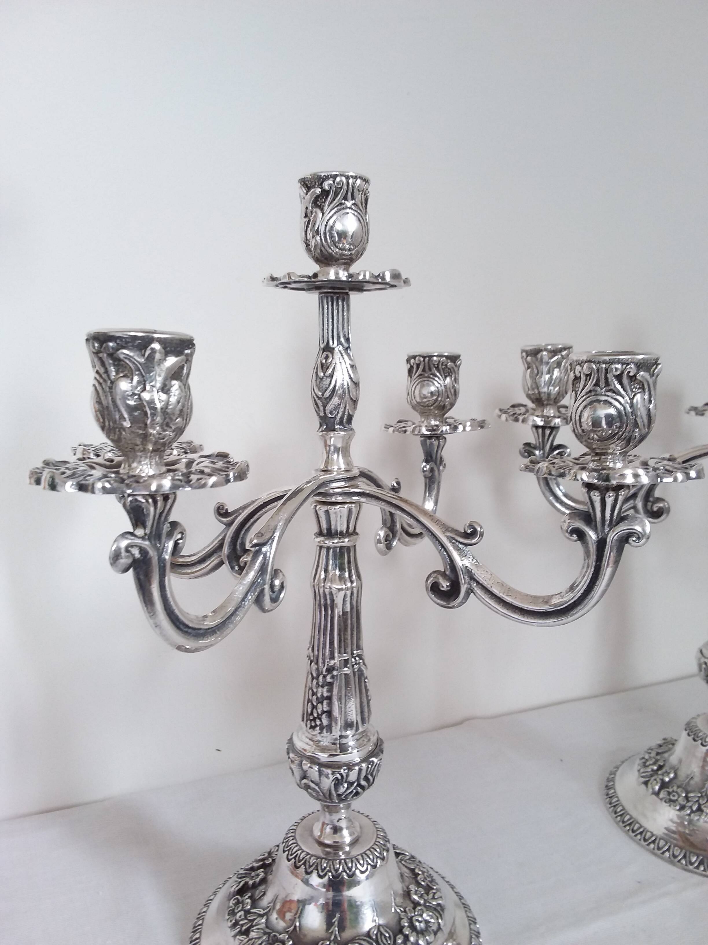 Pair of silver-plated bronze candelabra with 5 light arms.