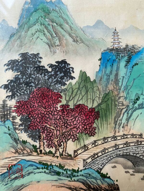 Pendant de tableaux anciens à l'encre de hine ''paysages et et temple'' signés
