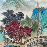 Pendant de tableaux anciens à l'encre de hine "paysages et et temple" signés