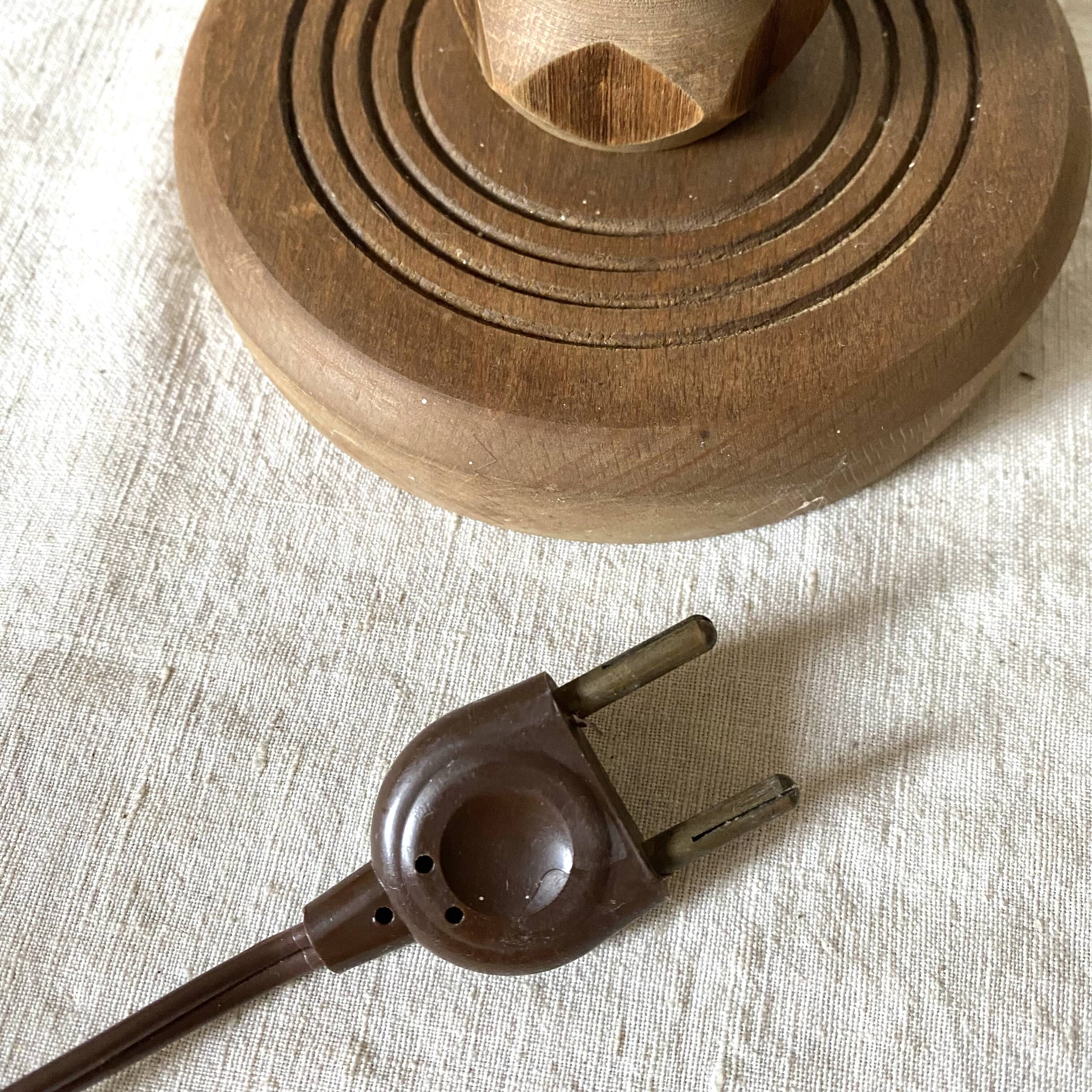 Pair of carved wood and macramé bedside lamps