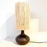 Vintage design lamp base in brown pyrite stoneware with raffia lampshade 1970