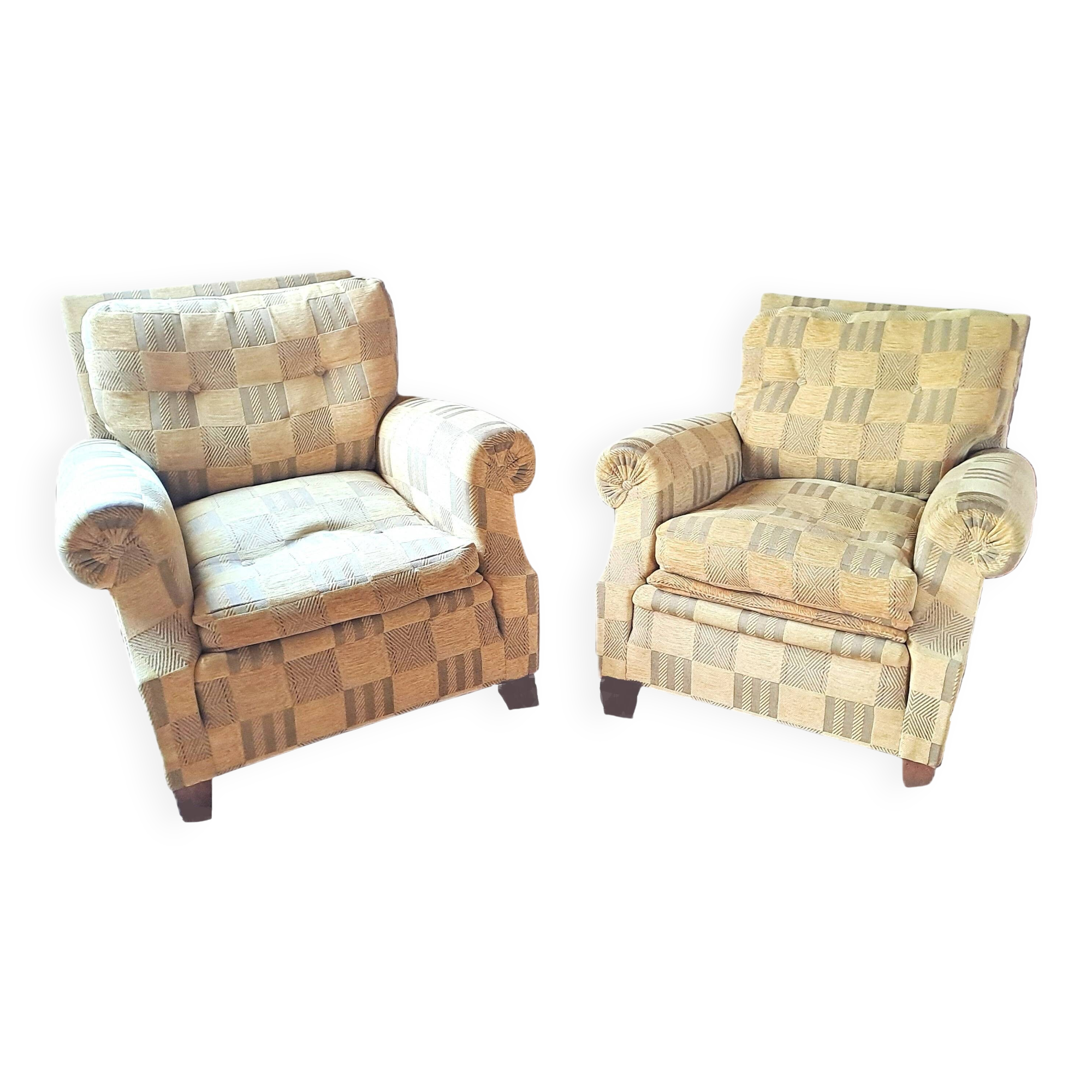 Pair of 1940s CLUB CHAIR style armchairs in velvet check fabric