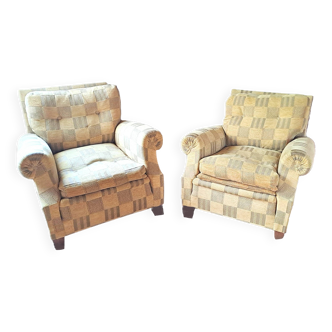 Pair of 1940s CLUB CHAIR style armchairs in velvet check fabric