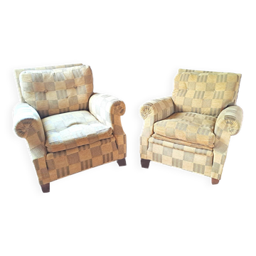 Paire de Fauteuils de style CLUB CHAIR 1940 en tissu carreaux velours