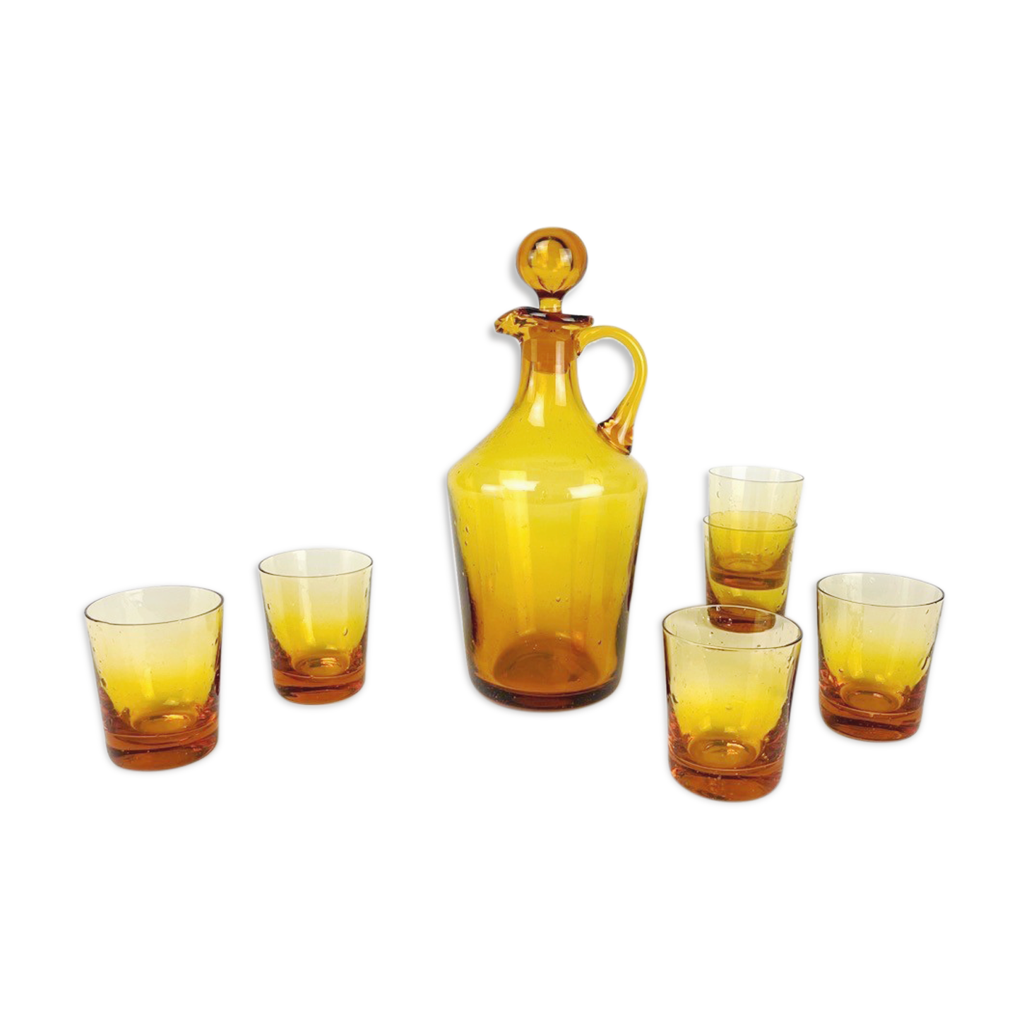Service à alcool en verre ambré bullé 1960