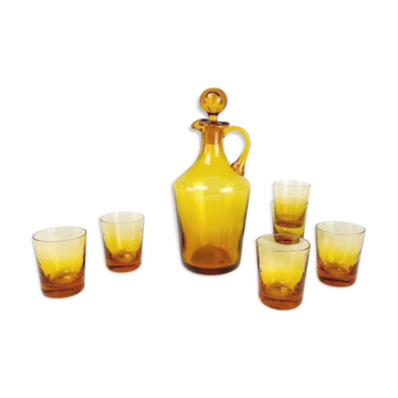 Service à alcool en verre ambré bullé 1960