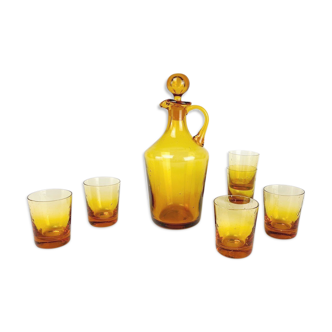 Alcohol service in amber bubbled glass 1960
