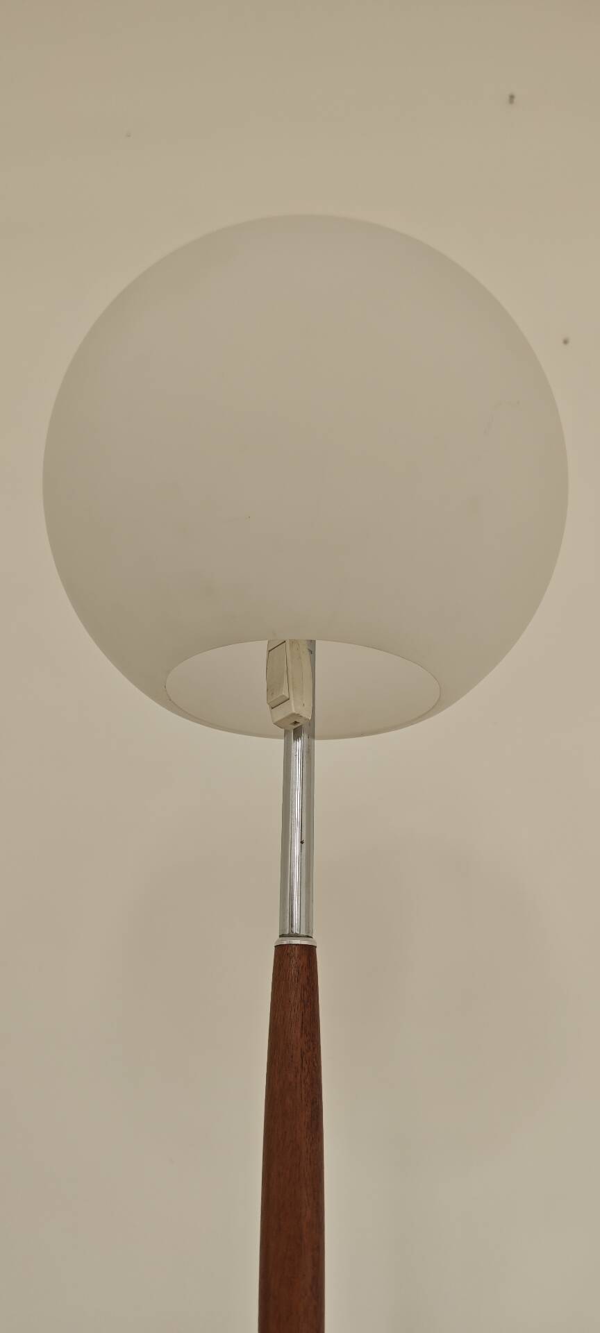 Modernist floor lamp in teak, chrome metal, opaline, Czechoslovakia 60s