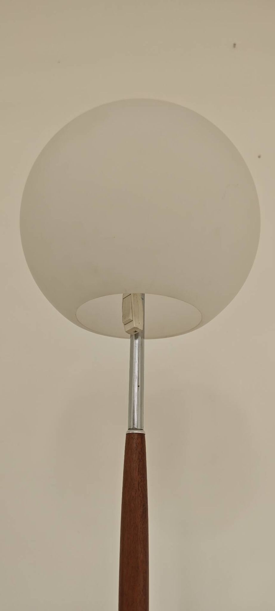 Modernist floor lamp in teak, chrome metal, opaline, Czechoslovakia 60s