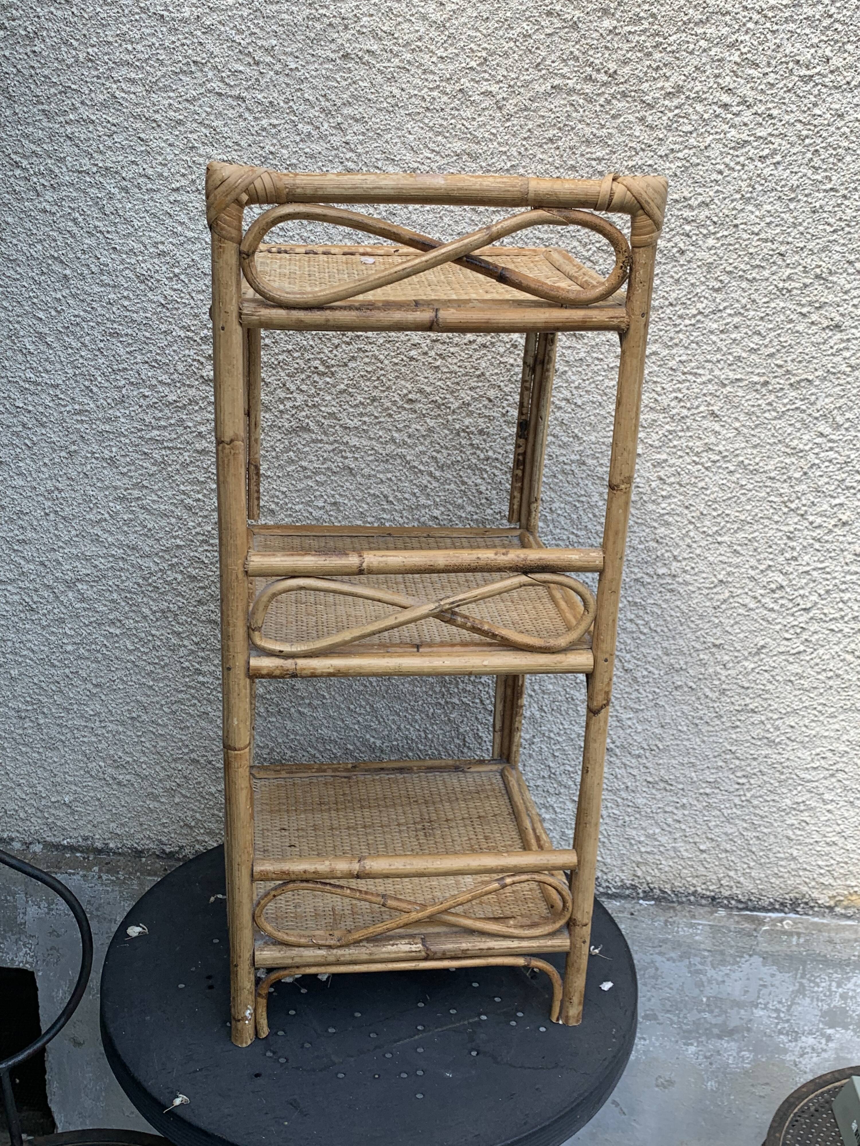 Bamboo and wicker shelf, 3 vintage floors