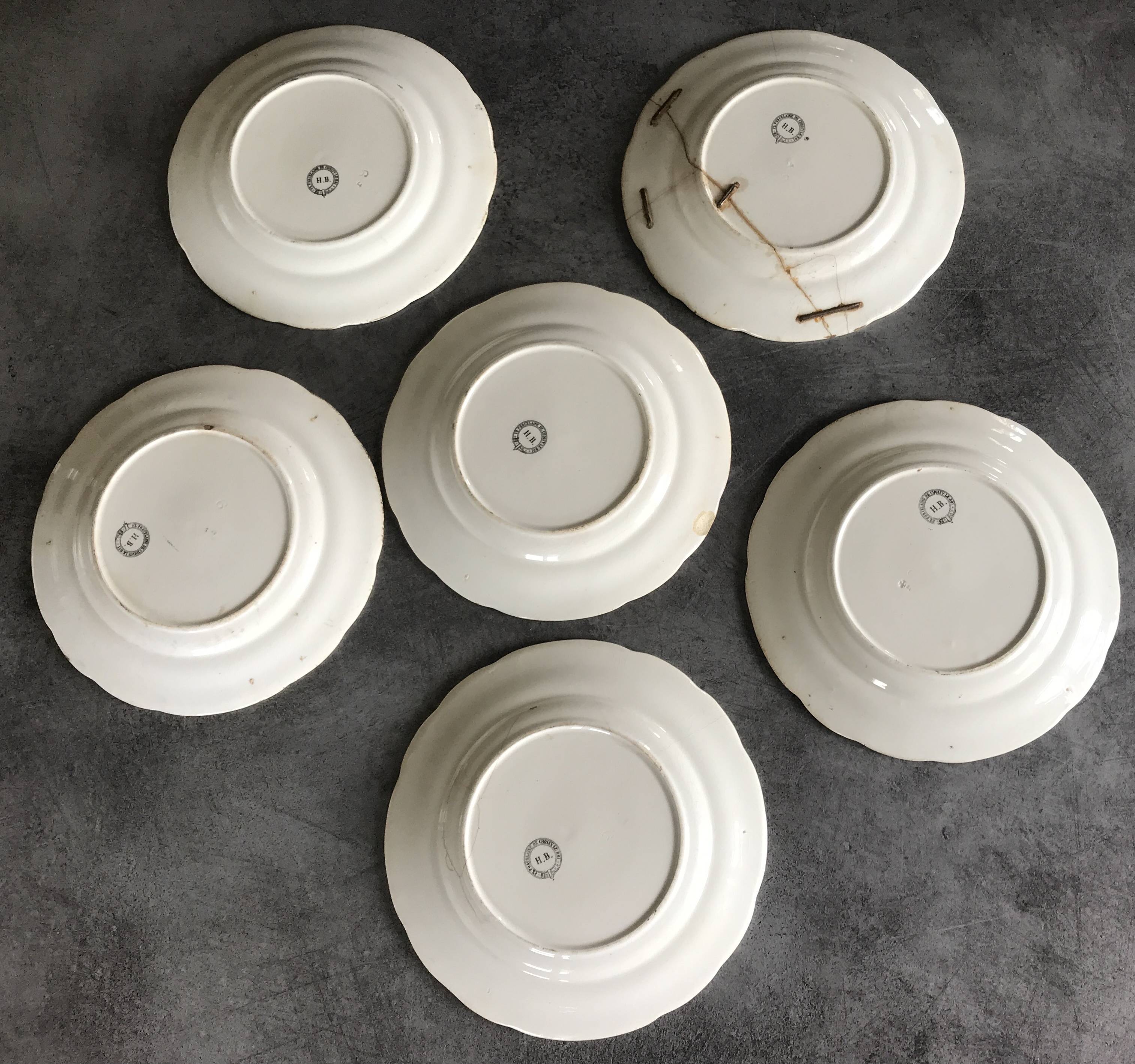 Set of 6 antique choisy-le-roi earthenware plates with grisaille decoration