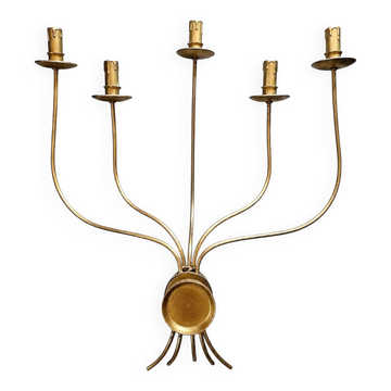 Large 5-arm metal brass painted wall sconce or candlestick featuring a sleek, minimalist mid-century design