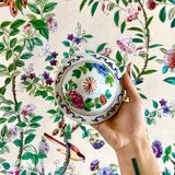 Chinese enamelled earthenware jar with wooden base