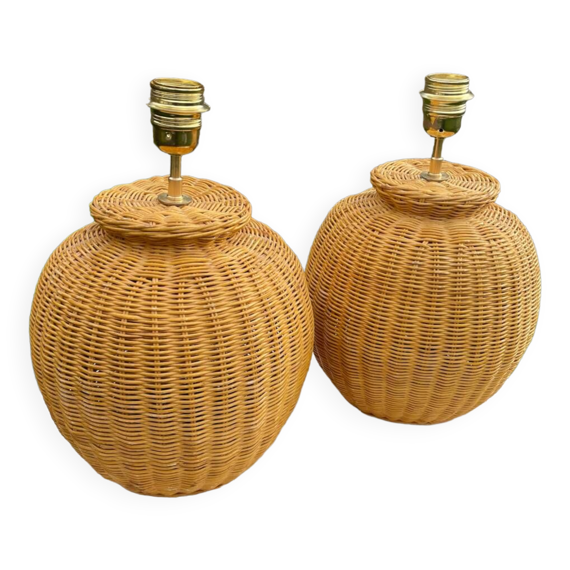 Paire de lampe en rotin clair vintage 1970
