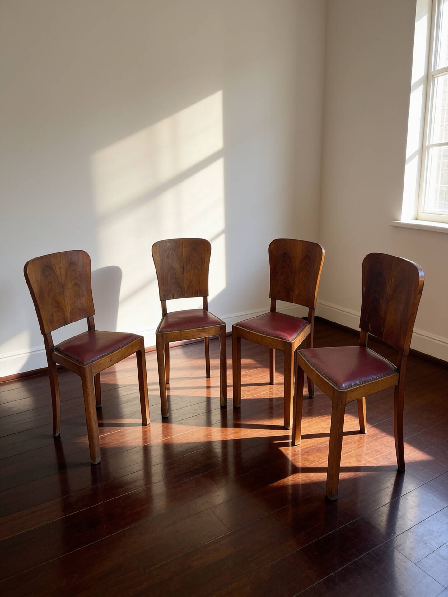 Set of 4 Art Deco dining chairs in walnut, Italy, 1930s-1940s.