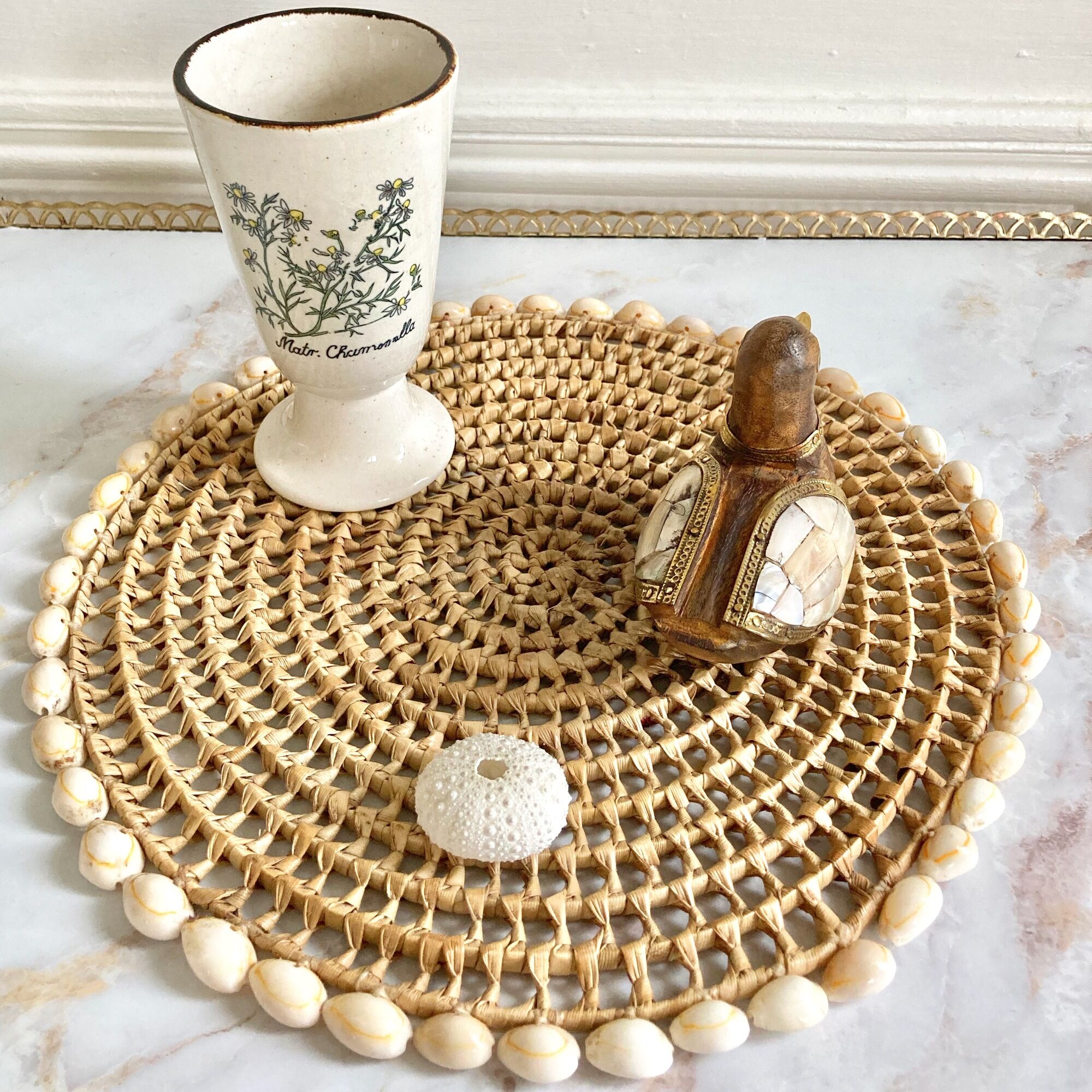 Wood brass duck and mother-of-pearl