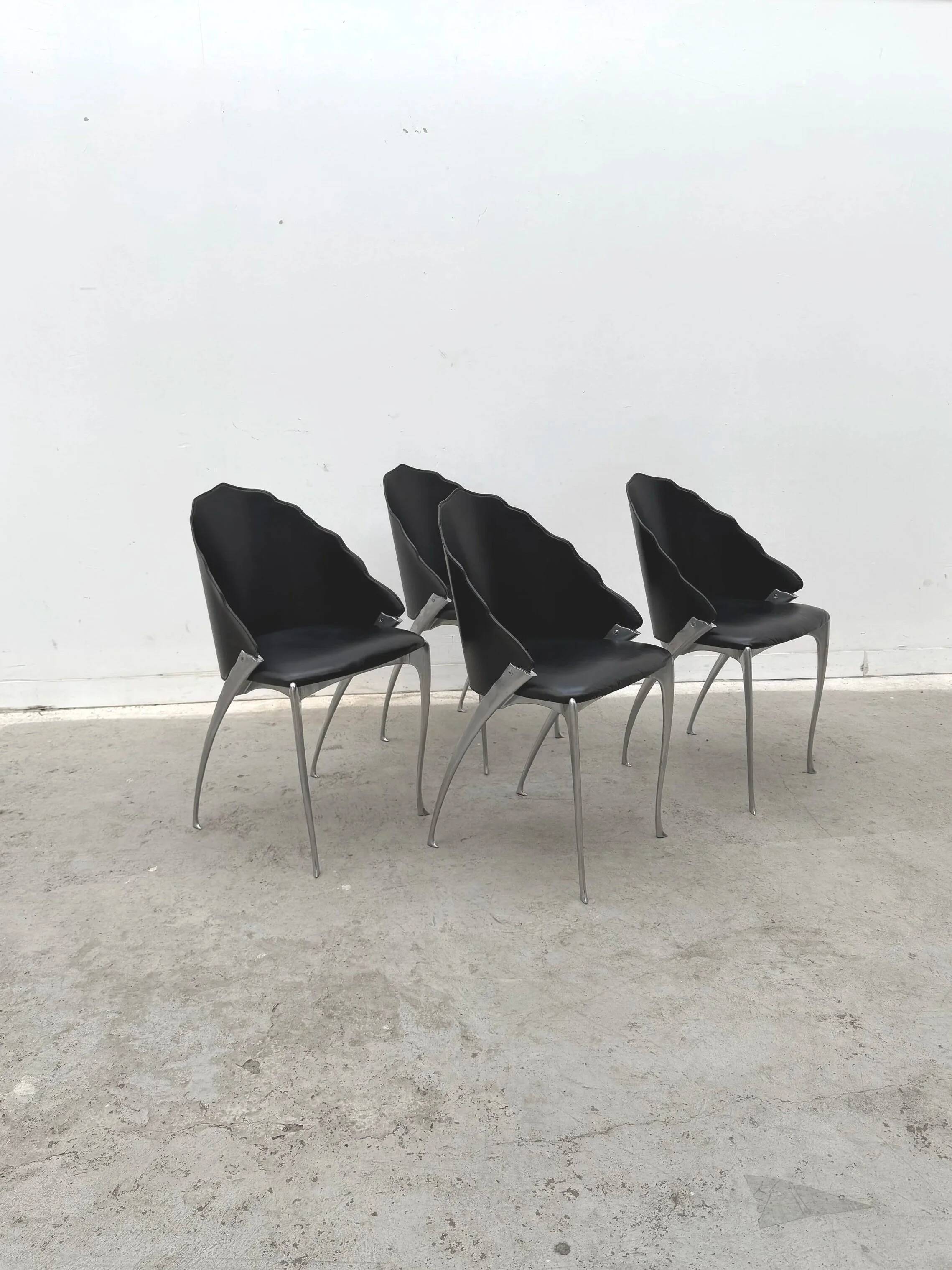 Set of 4 chairs by Bernard Dequet for Protis France Design in cast aluminum and leather, France 1980