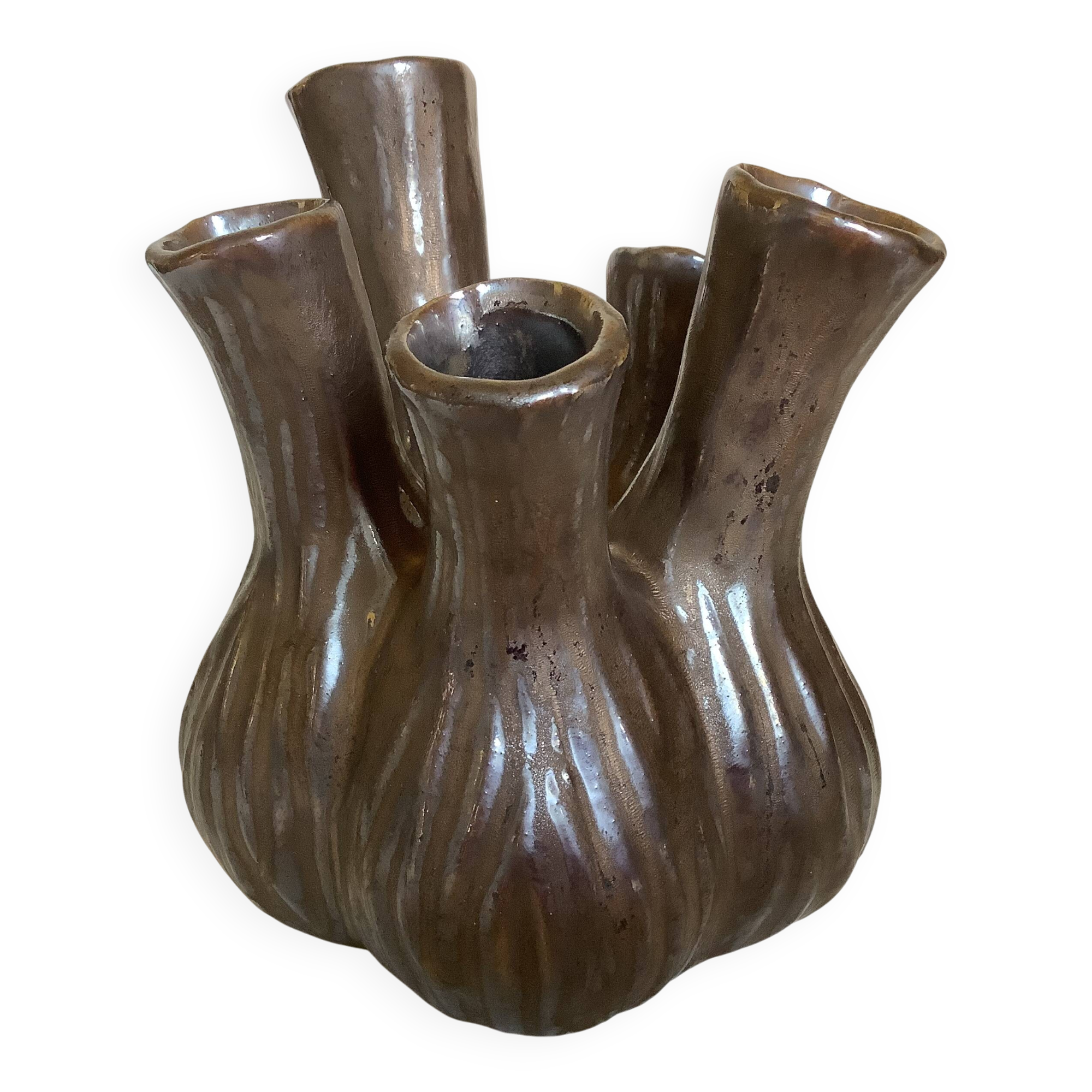 Tulip vase with ceramic flowers in brown and gold.