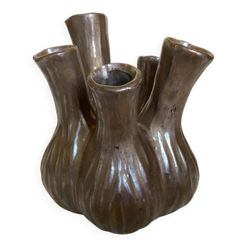 Vase tulipier pique fleurs céramique marron doré