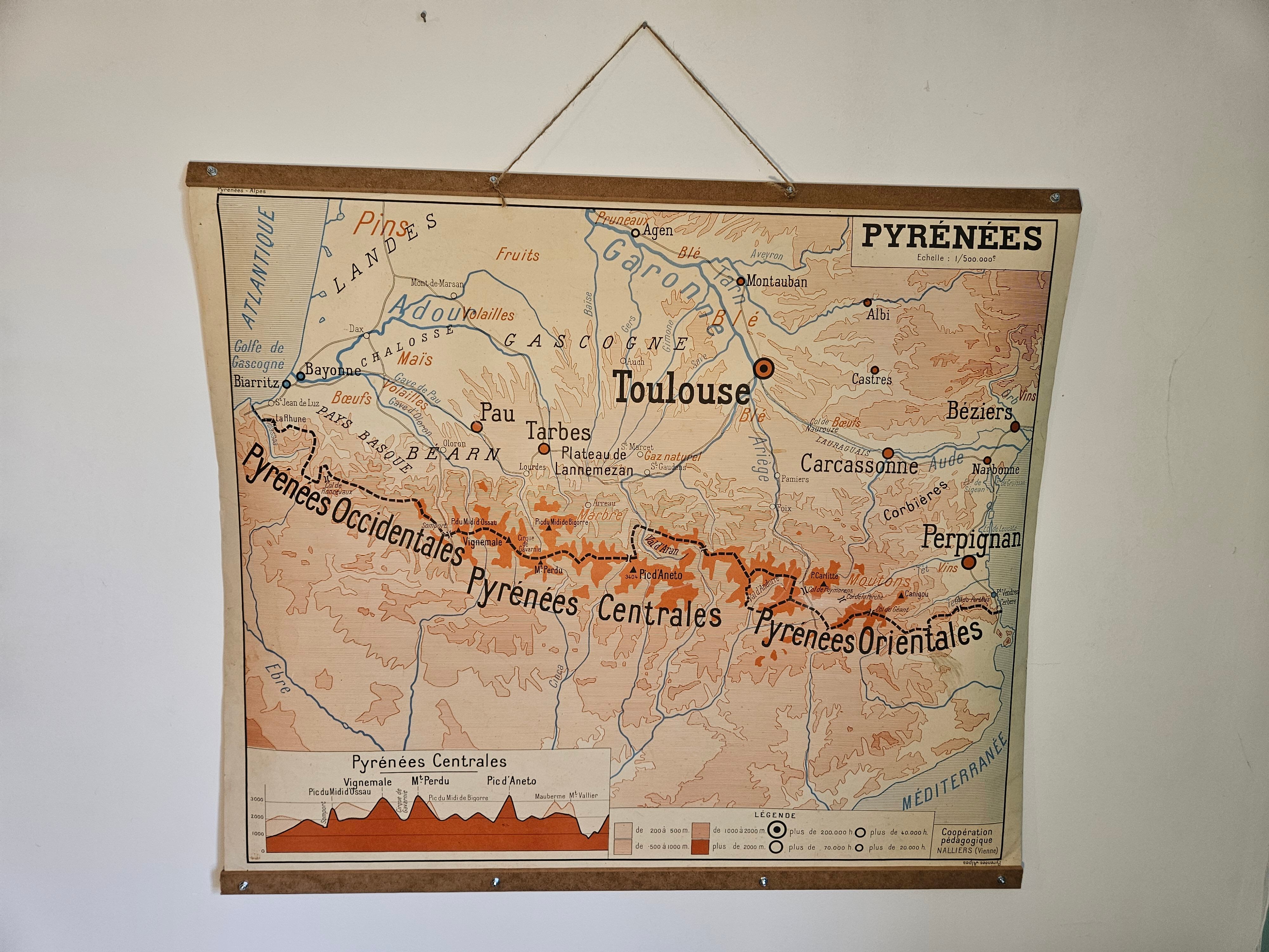 Old school map of geography 1960 Pyrenees and the Alps