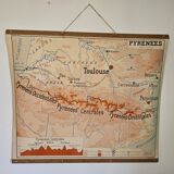Old school map of geography 1960 Pyrenees and the Alps