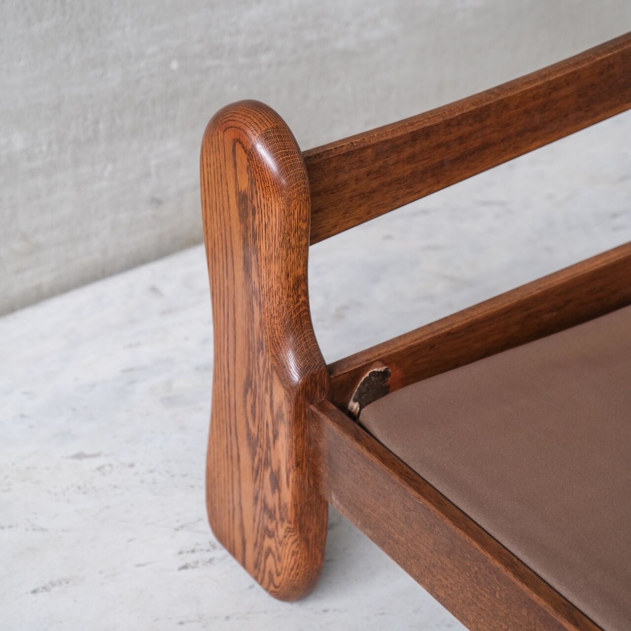 Pair of Oak Brutalist Leather Mid-Century Armchairs