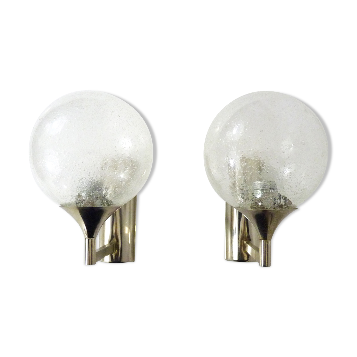 Pair of chrome metal wall sconces and blown glass