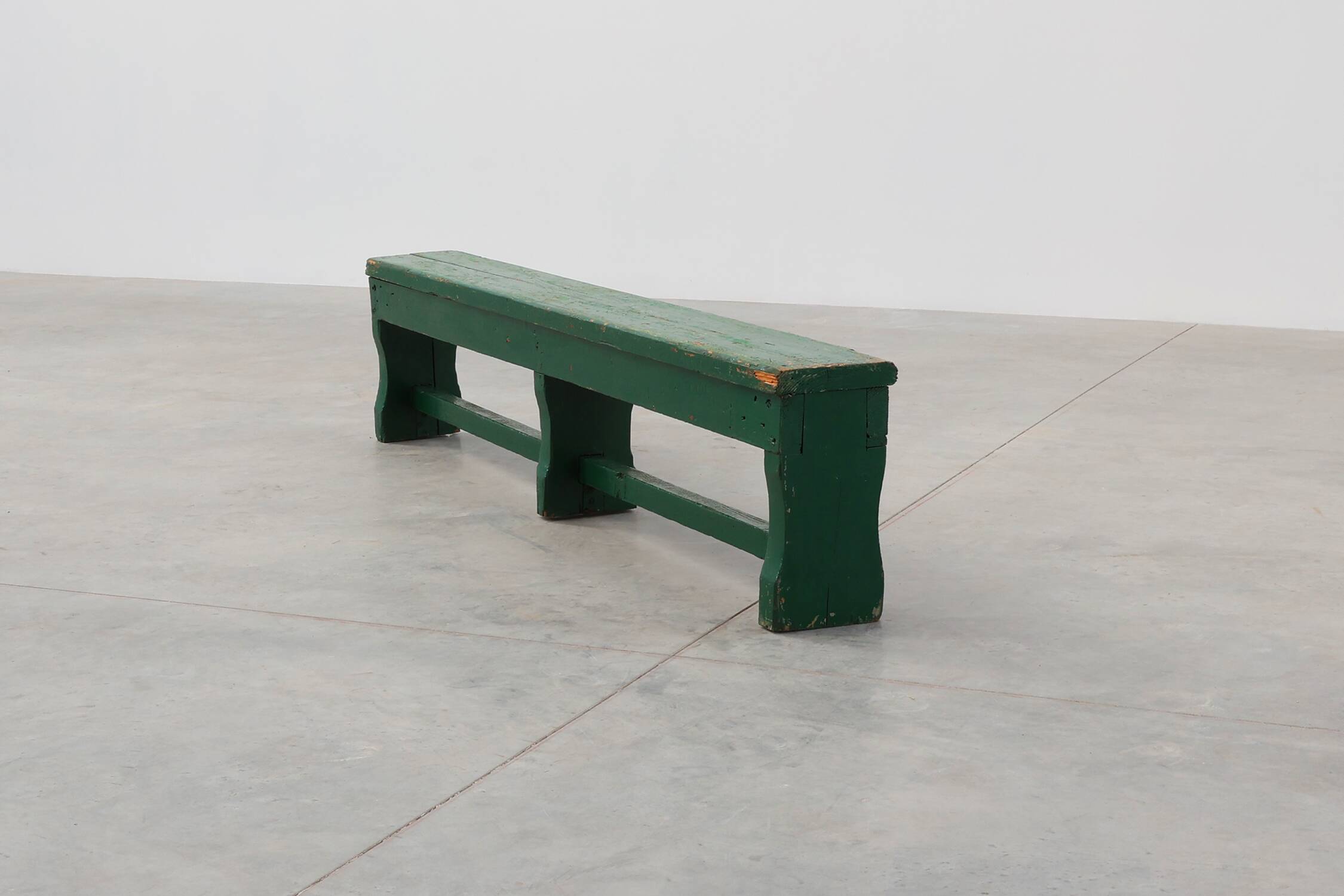 Rustic primitive green farmhouse bench in solid oak, France ca. 1900