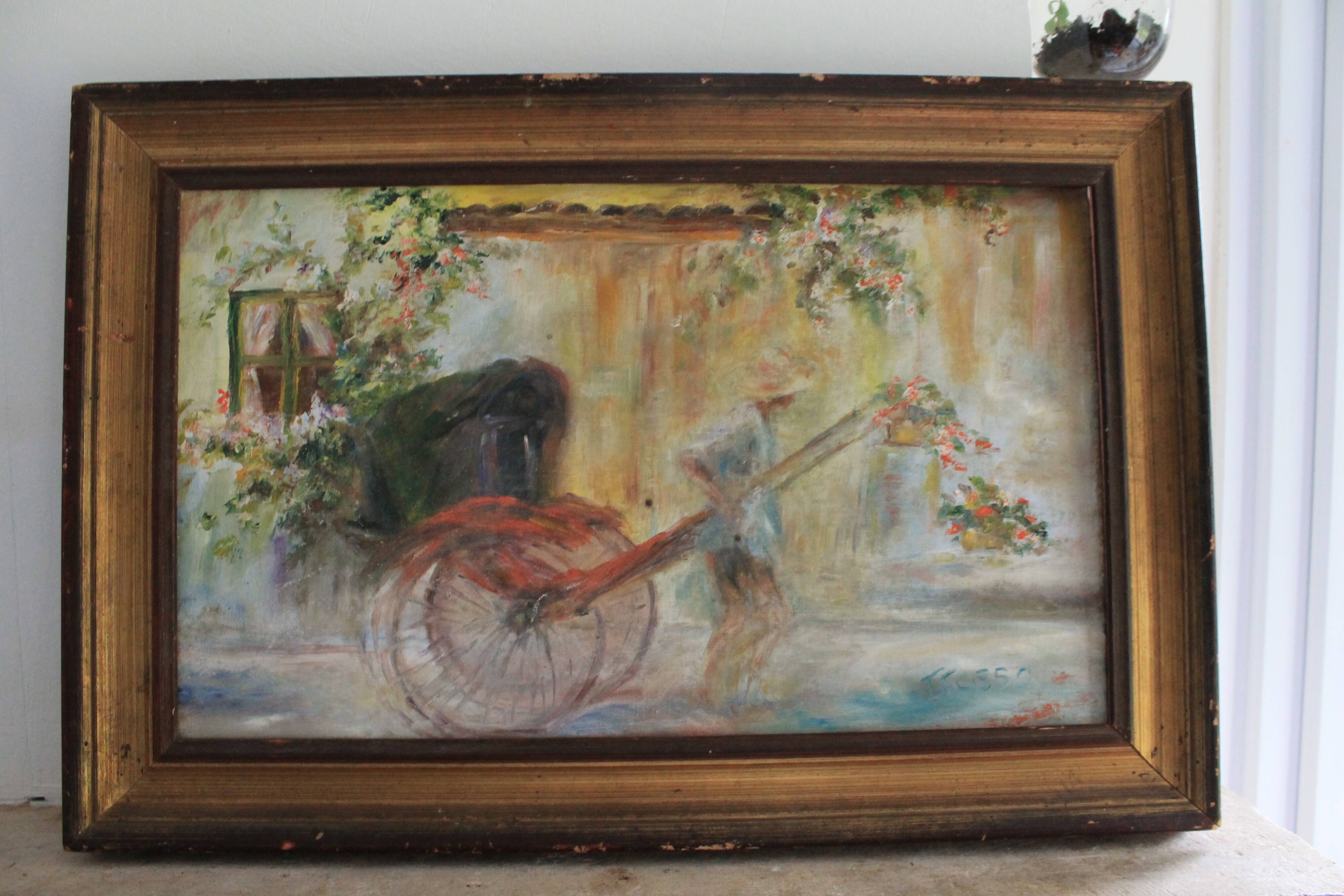Oil on canvas signed F. Fosso, depicting a man pulling a cart.