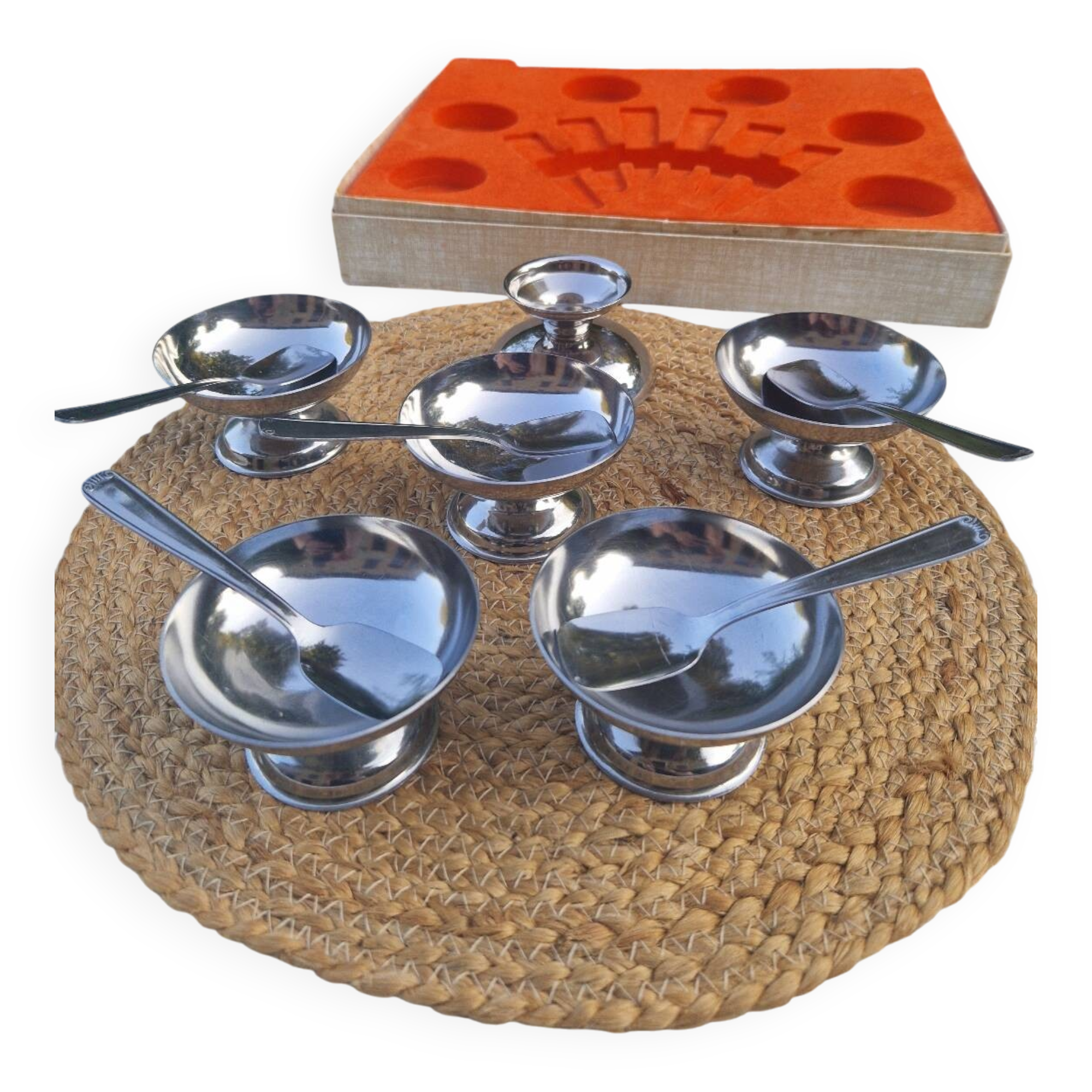Lot de 6 bols à dessert vintage en acier inoxydable avec 5 cuillères
