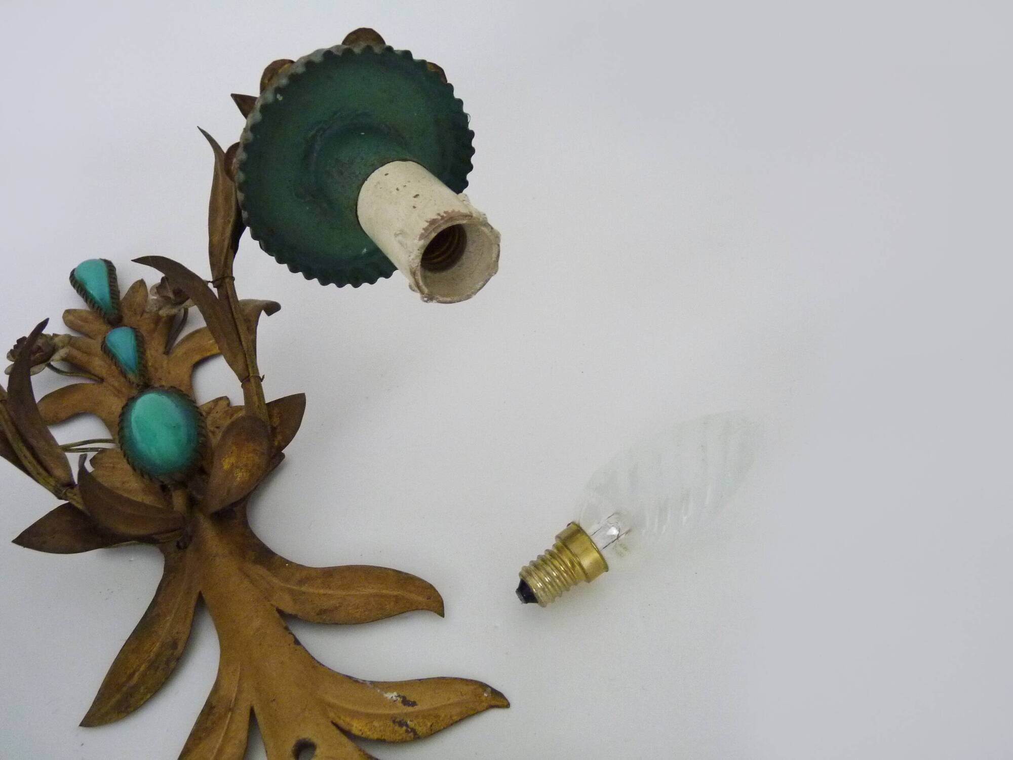 Pair of gold metal wall lights with turquoise glass inlay. 70