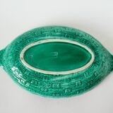 Grand plat en barbotine modèle bambou tressé vert, 1970