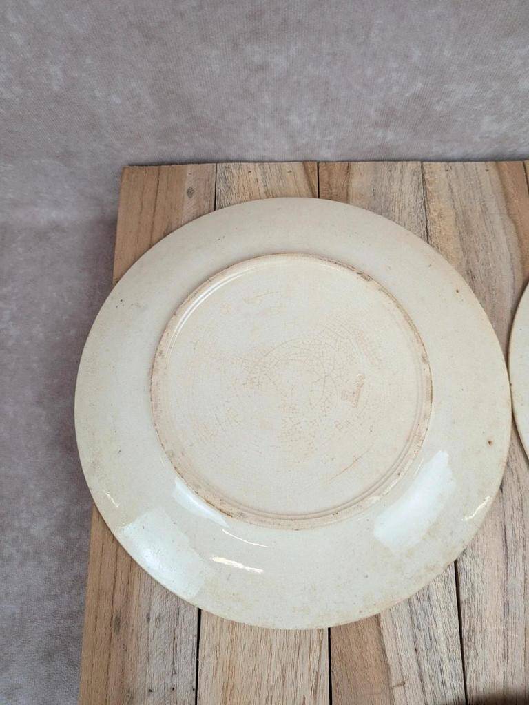 Set of 3 antique flat plates made of ironstone from the Debray Establishments, Clichy service.