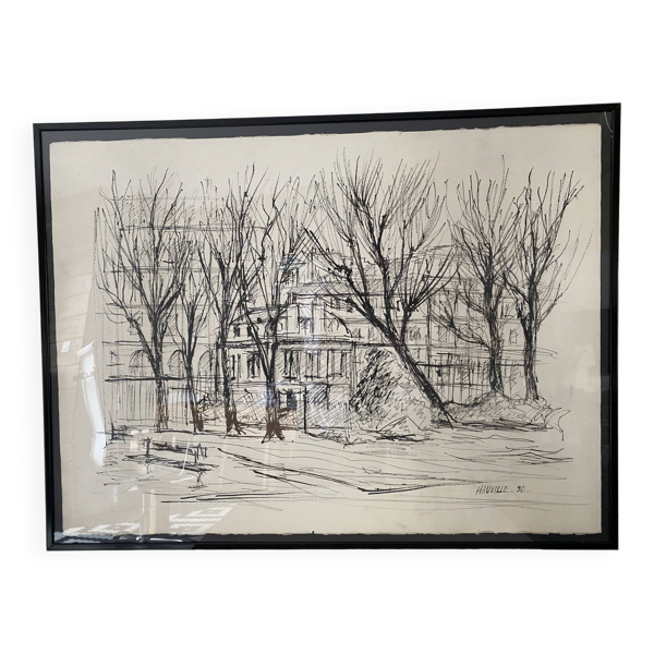 Dessin fusain sur papier vélin "HAUVILLE 90" Banc dans un parc