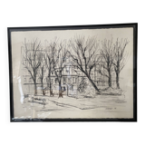 Dessin fusain sur papier vélin "HAUVILLE 90" Banc dans un parc