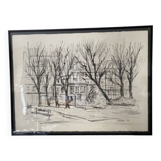 Charcoal drawing on vellum paper "HAUVILLE 90" Bench in a park