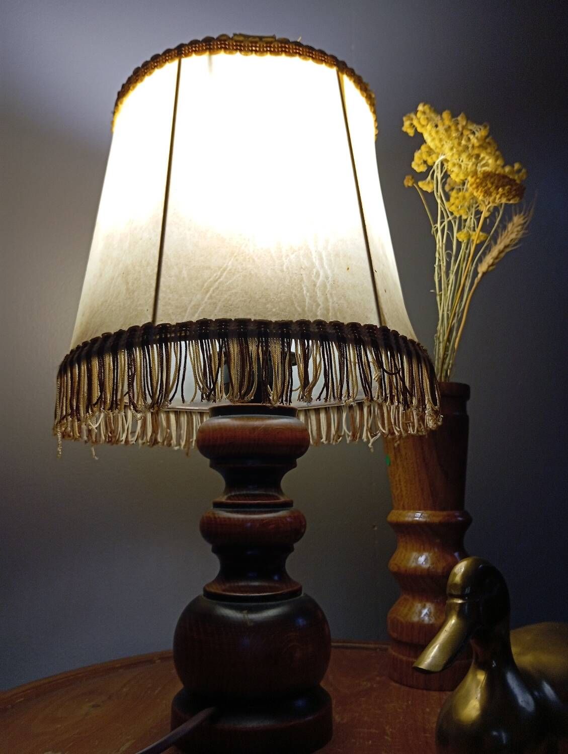 Rustic turned wood table lamp with vintage leather shade