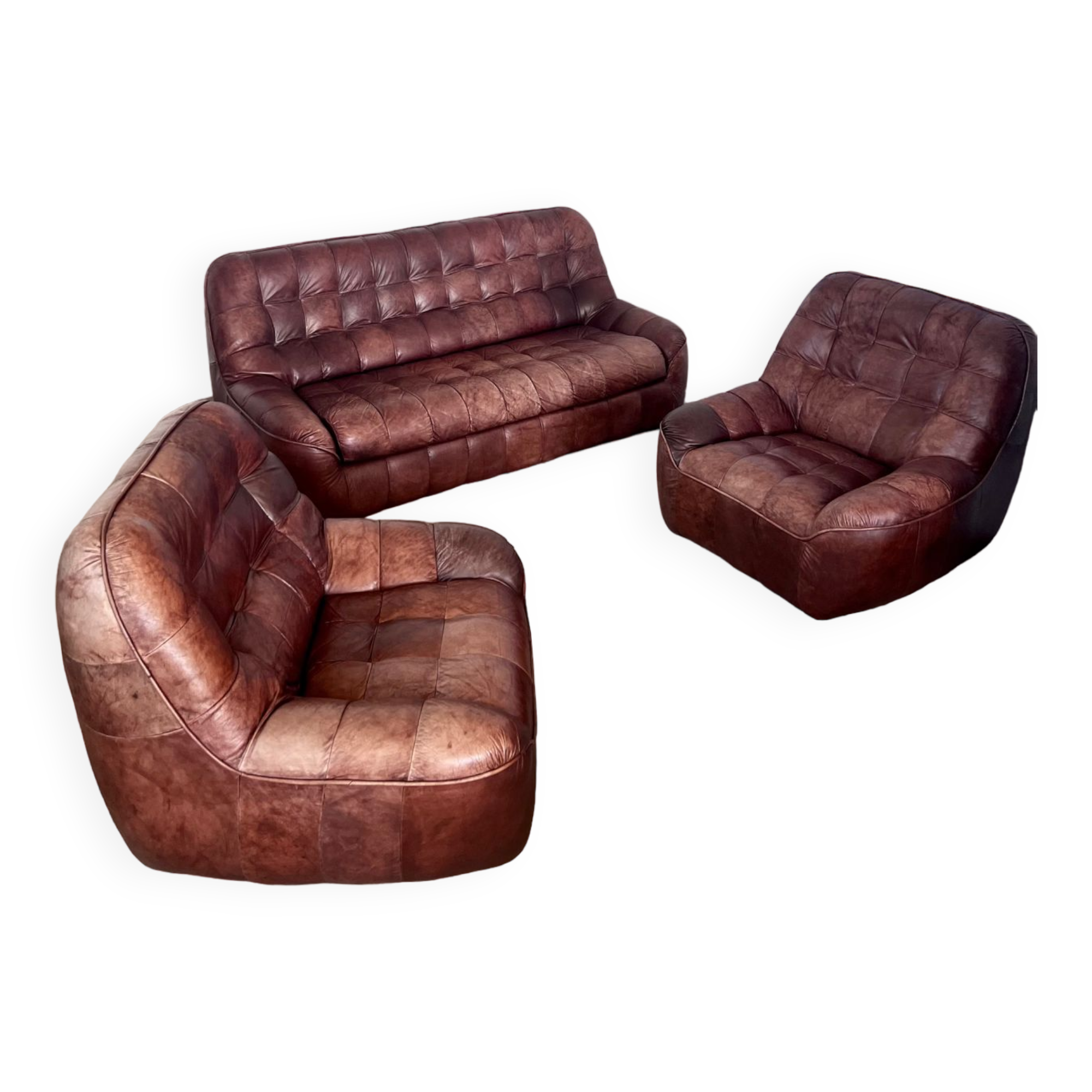 Ensemble canapé et 2 fauteuils vintage en cuir camel patchwork design années 70