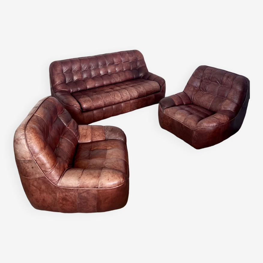 Ensemble canapé et 2 fauteuils vintage en cuir camel patchwork design  années 70 | Selency