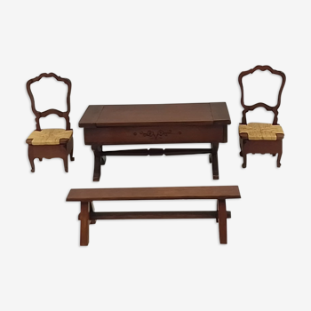 Set of 3 jewelry boxes miniature wooden reproduction of a rustic table, 2 chairs and a bench