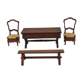 Set of 3 jewelry boxes miniature wooden reproduction of a rustic table, 2 chairs and a bench