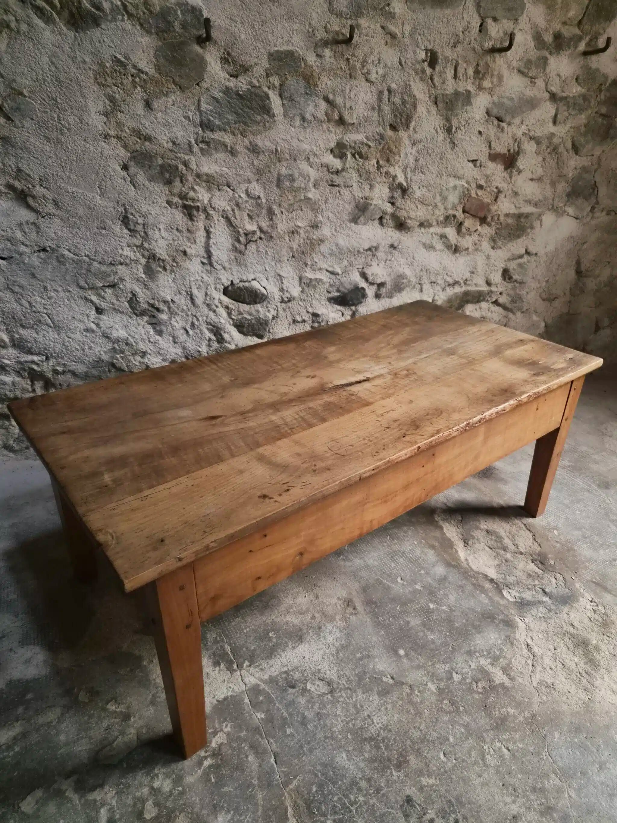 Antique French coffee table, 18th-century cherry farmhouse table with a drawer.