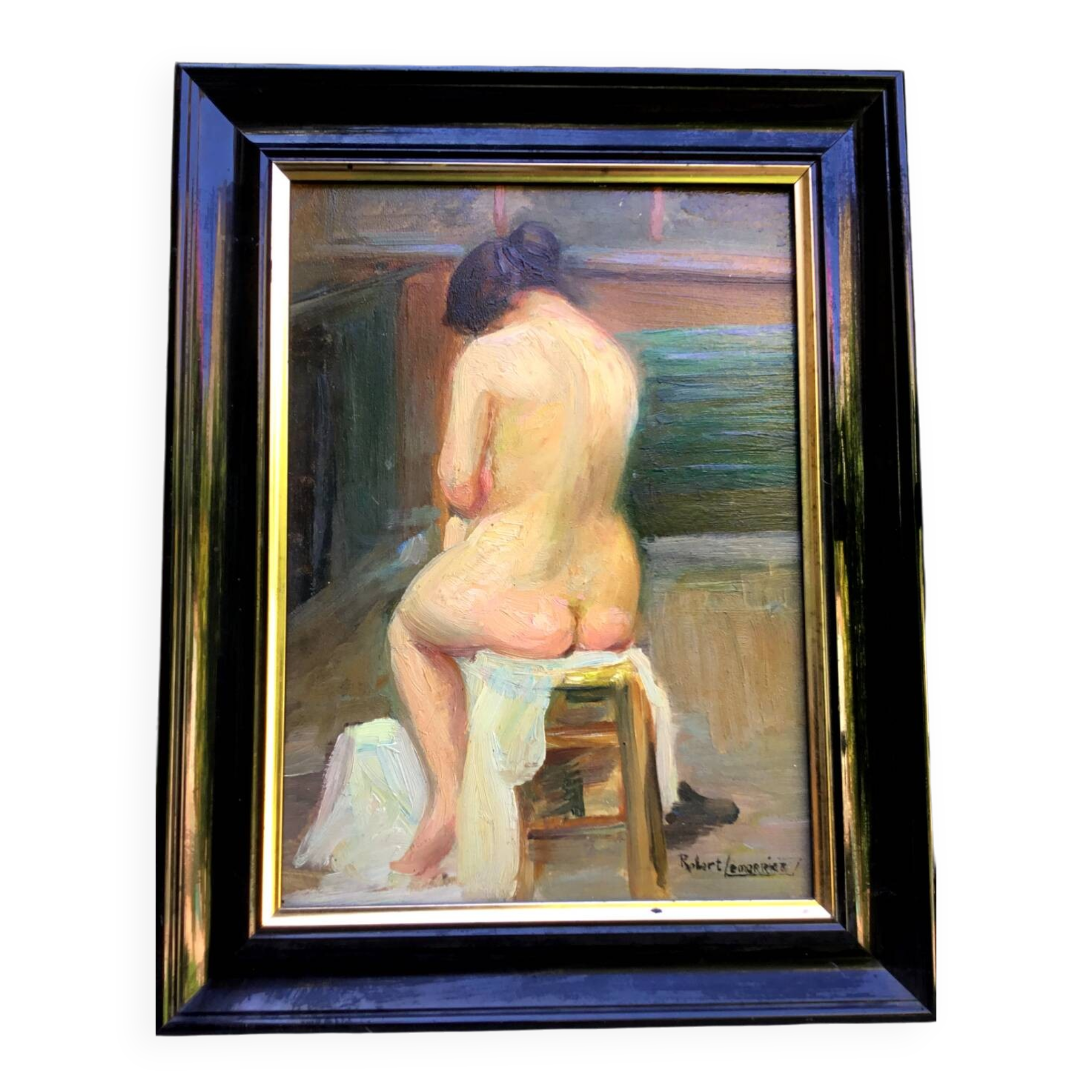 Robert Lemarriez. Nude from behind. Oil on panel, signed and framed.