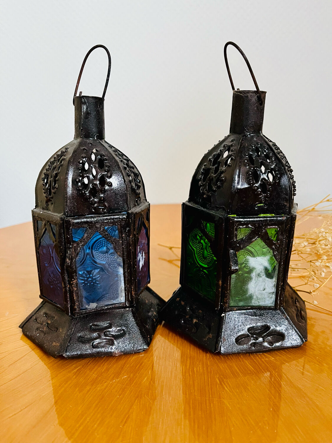 Pair of vintage Moroccan lantern tealight holders