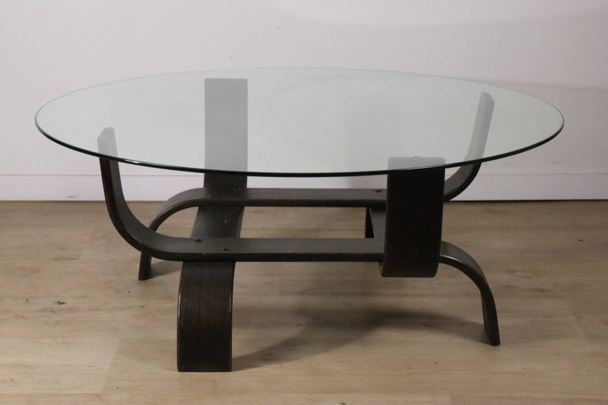Vintage Fubo coffee table – curved wood & smoked glass – 1970s