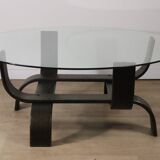 Vintage Fubo coffee table – curved wood & smoked glass – 1970s