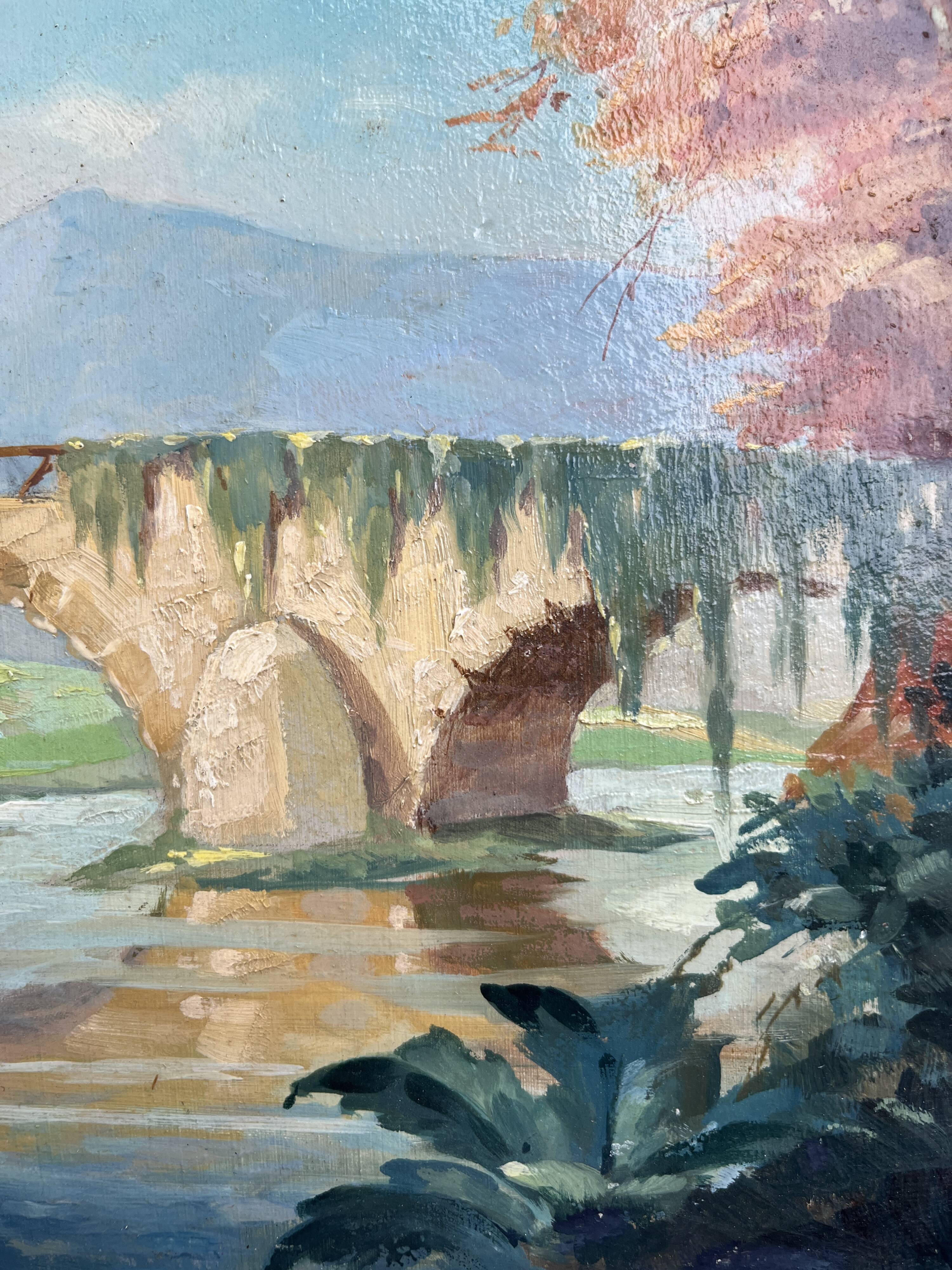 Tableau HSP "Landscape by the River" signed Bizet (mid-20th century school)