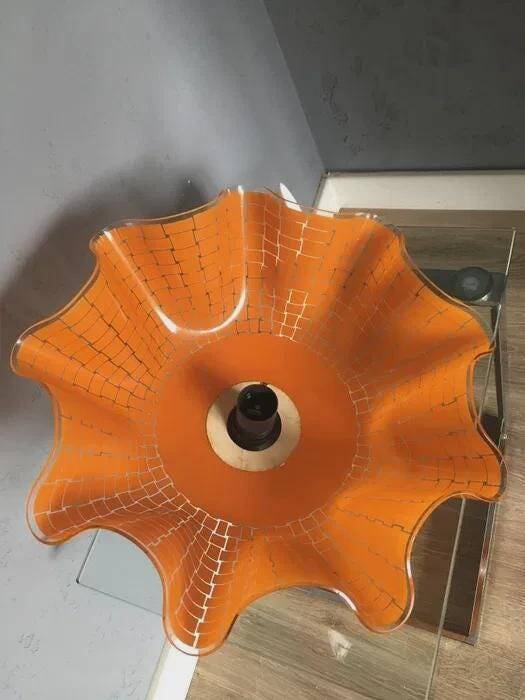 Polish ceiling lamp, orange hand-painted glass with wavy edge, 1970s-80s